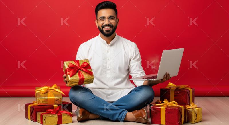 Joyful man celebrating, holding gifts and laptop, festive mood.