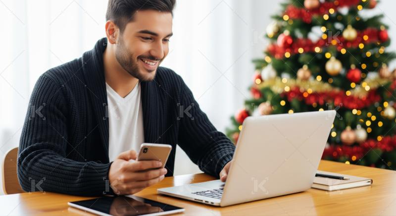 Happy man connecting online during festive season with modern technology.