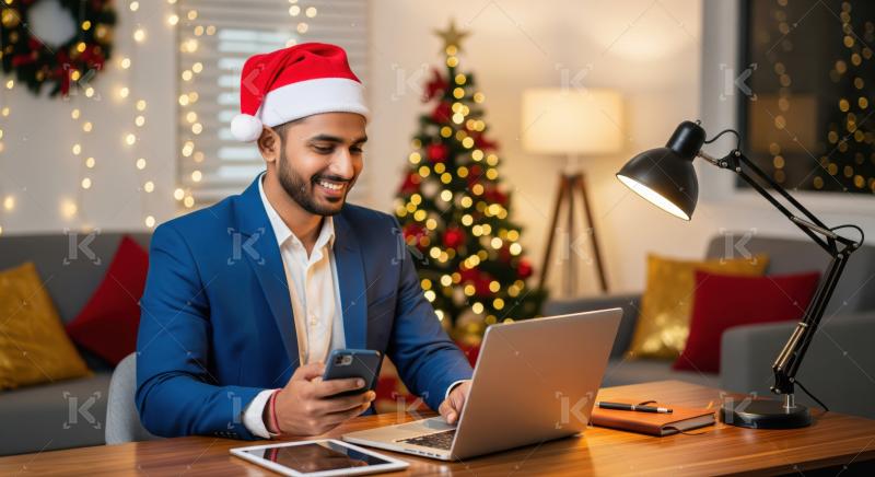 Happy man works diligently from home during holiday season.