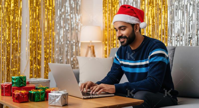 Happy man working on laptop amidst festive Christmas decorations.