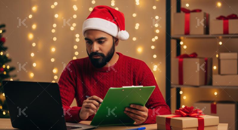 Man in Santa hat diligently works on Christmas preparations at home.