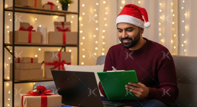 Smiling man in Santa hat preparing Christmas list with laptop.