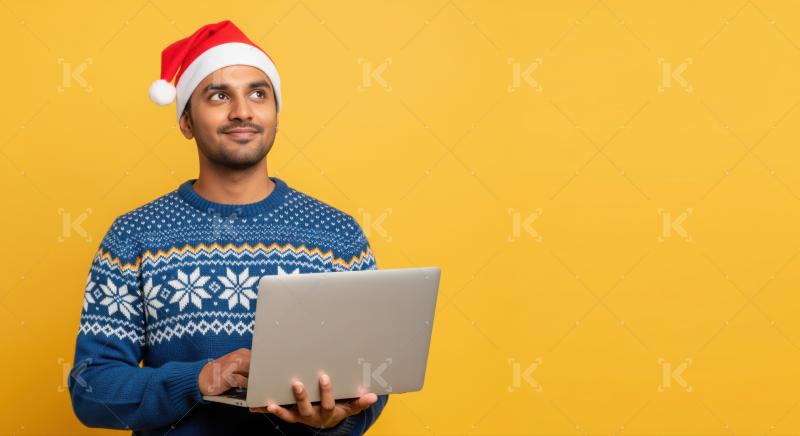 Young Indian man happily using laptop, planning holiday tasks.