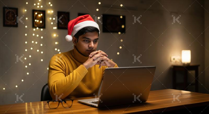 Young man focused on laptop in festive Christmas setting.