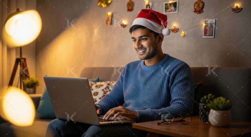 Cheerful Indian man enjoys festive online activity on his laptop.