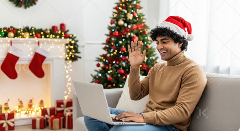 Festive man waves during virtual holiday celebration from cozy home.