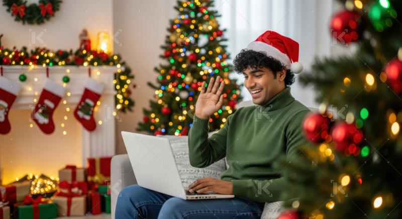 Smiling man on video call enjoying festive Christmas celebration.