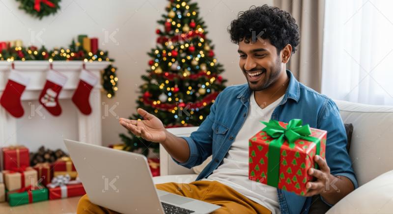 Joyful man enjoys online holiday celebration, holding a present.