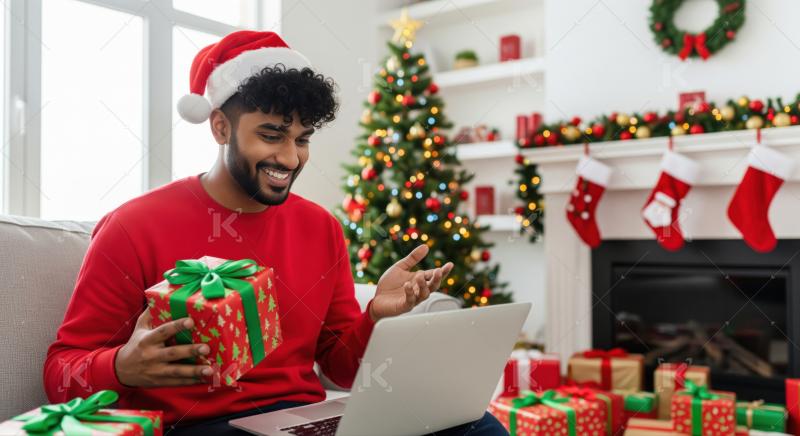 Happy man enjoys virtual Christmas with presents and laptop.