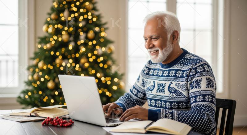 Happy senior man works on laptop in festive Christmas home.