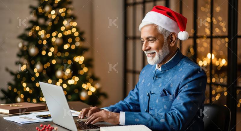 Mature man works on laptop celebrating festive holiday season.