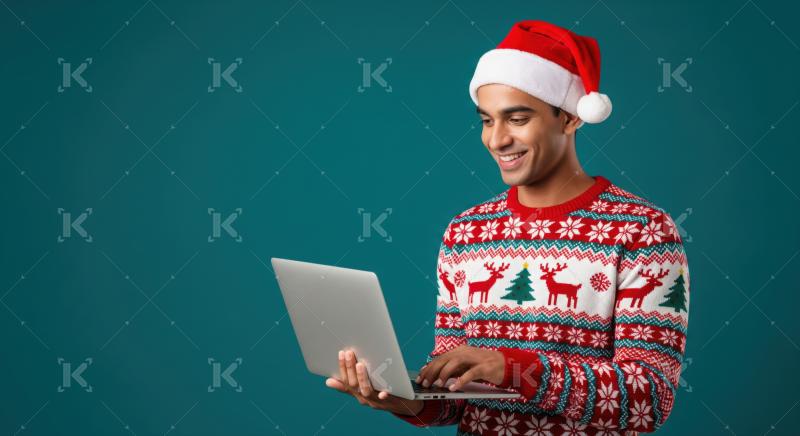 Happy man in Christmas sweater enjoys his laptop computer.