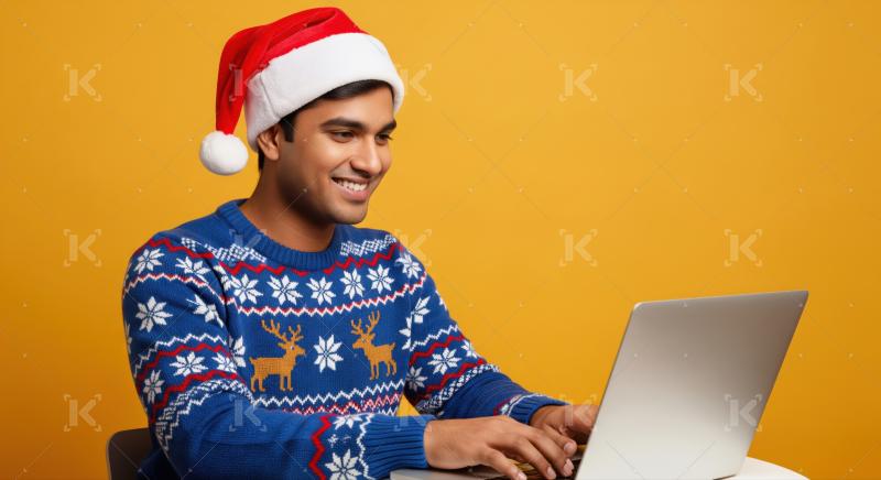 Cheerful person in festive sweater works smilingly on computer.