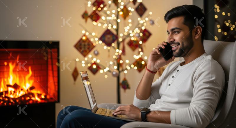 Happy man enjoying festive remote work evening at home comfortably.