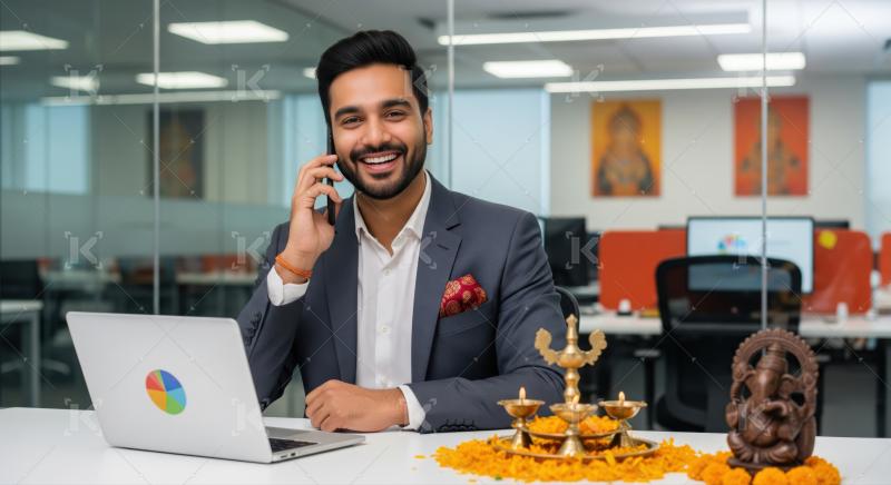 Happy Indian professional smiling, talking on phone in modern office.
