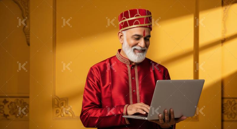 Happy senior Indian man embracing modern technology with his laptop.