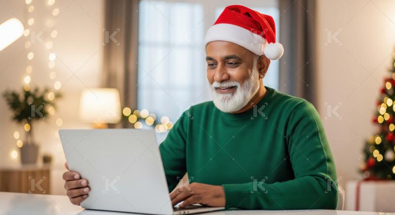 Happy elderly man browsing laptop in festive Christmas setting.