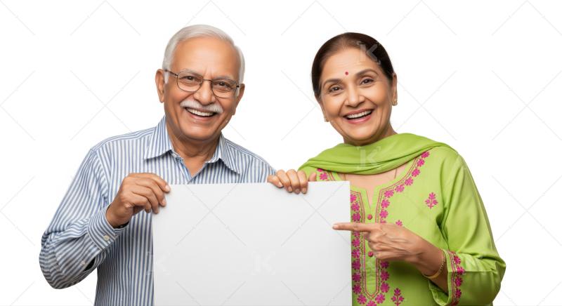 Happy senior Indian couple proudly displays a blank white sign.