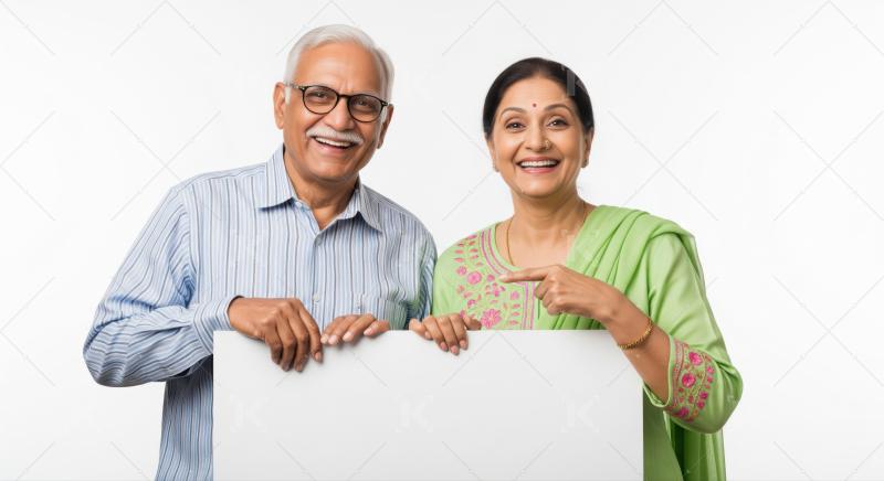 Cheerful Indian senior couple holding a blank white sign.