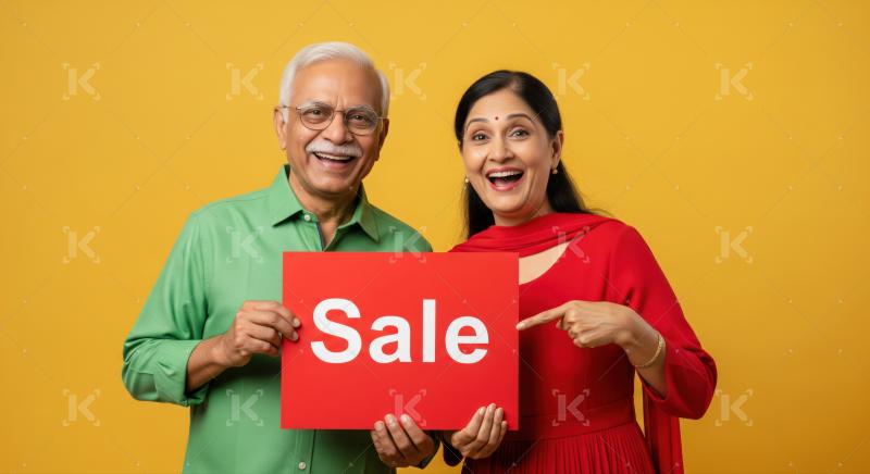 Joyful Indian senior couple excitedly announces a fantastic sale promotion.
