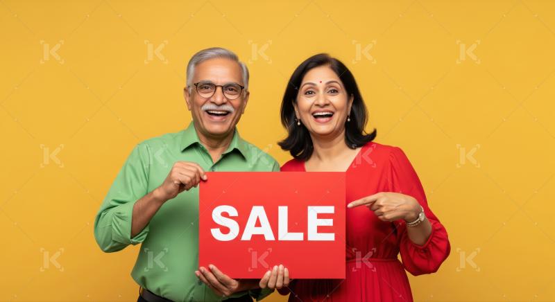 Joyful elderly Indian couple excited about a great sale.