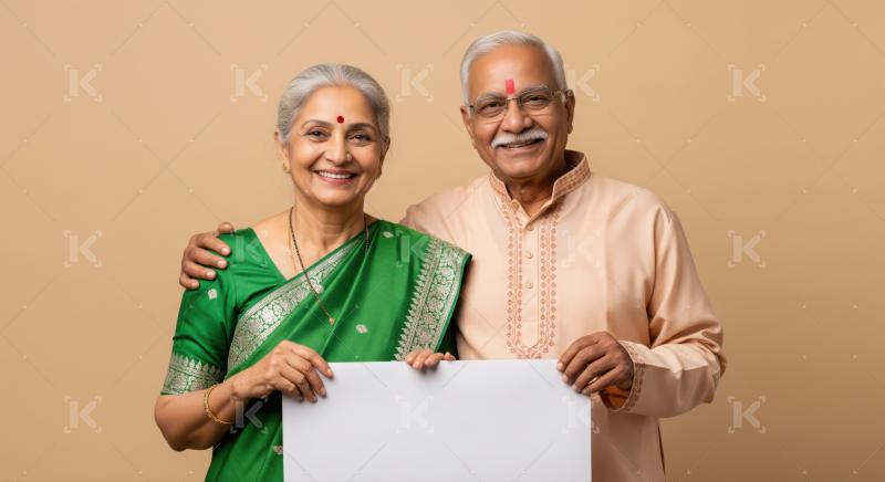 Cheerful Indian senior couple holding a customizable white board.