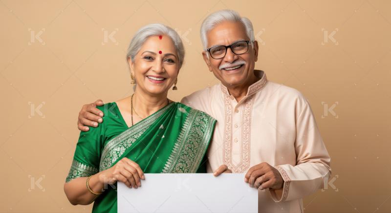 Happy senior Indian couple smiling and holding a blank sign.