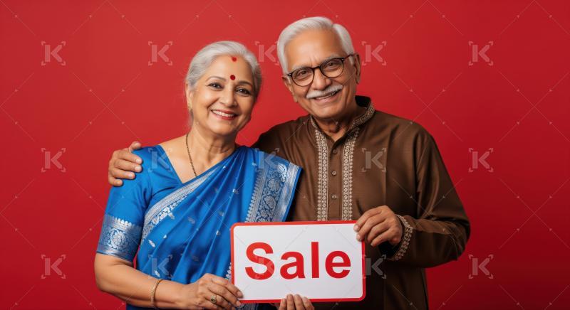Joyful senior Indian couple proudly presenting a shopping sale announcement.