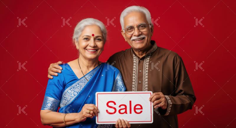 Joyful elderly couple promoting a sale with an enthusiastic smile.