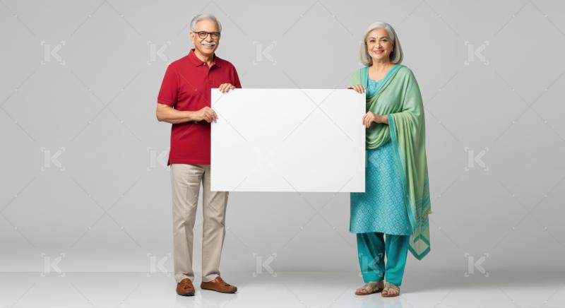 Cheerful elderly Indian couple proudly displays a blank white signboard.