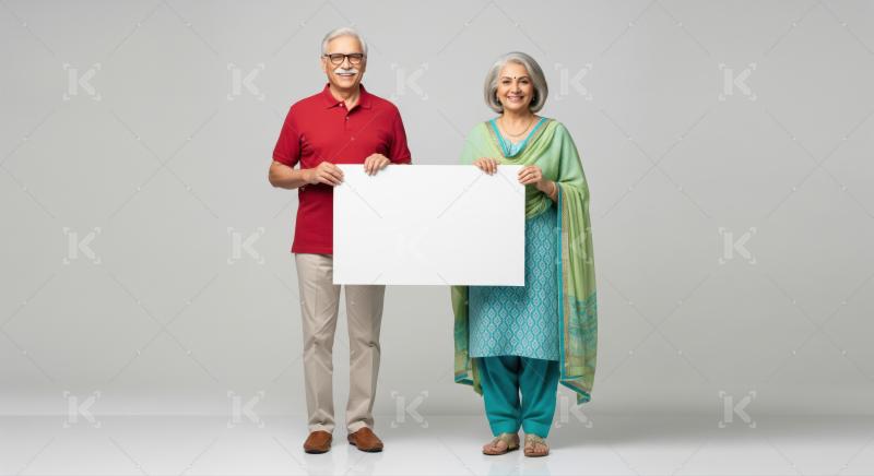 Happy senior Indian couple holding blank white sign board.