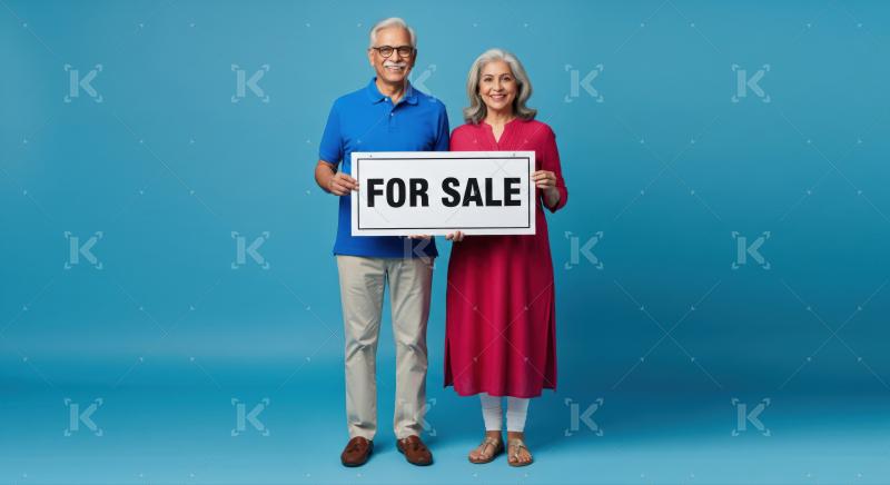 Joyful elderly couple proudly displays their "For Sale" sign.