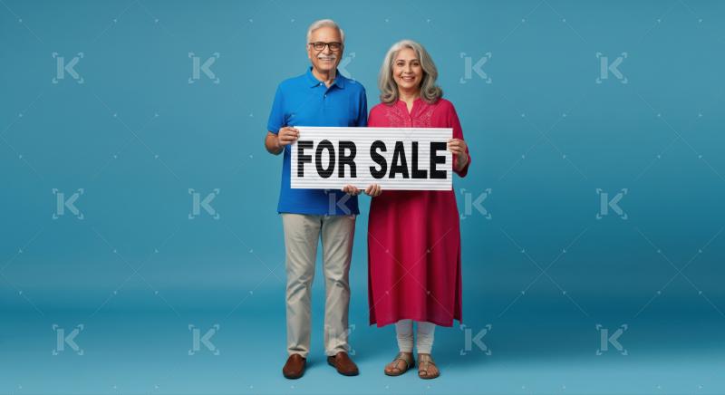 Joyful Indian seniors holding "FOR SALE" sign together, smiling.