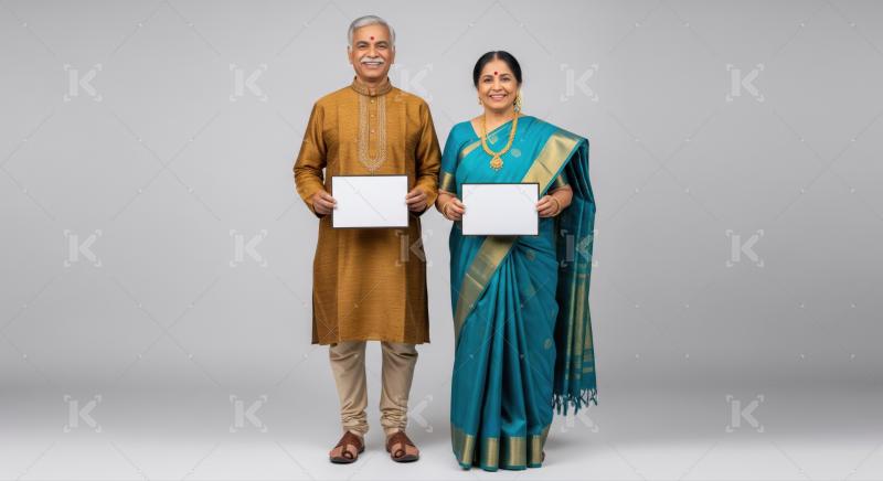 Smiling Indian senior couple proudly holds blank signs, studio shot.