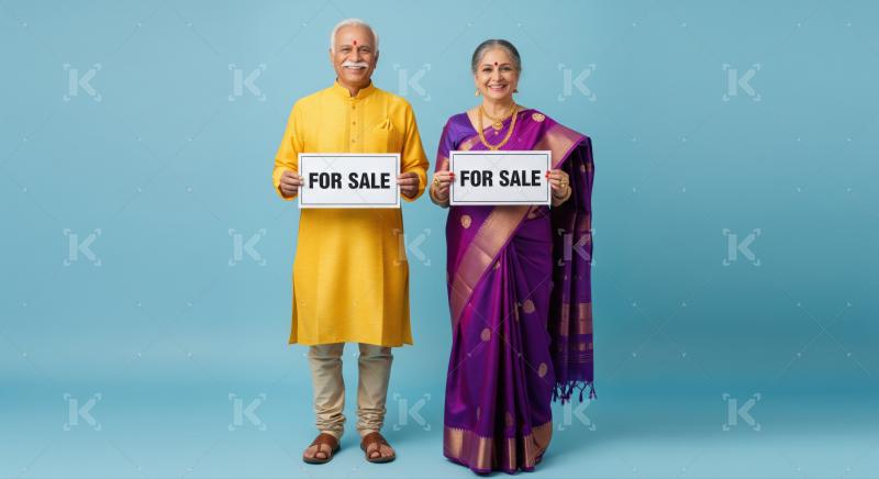 Smiling Indian couple holding "FOR SALE" signs on blue background.