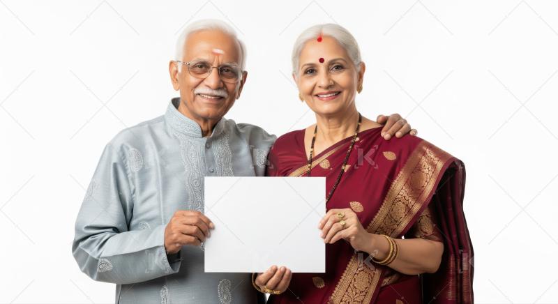 Smiling elderly Indian couple displaying empty white message sign.
