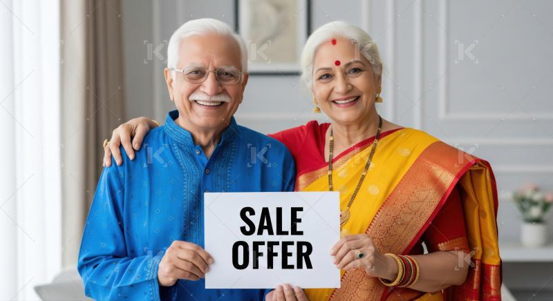 Smiling elderly Indian couple joyfully presents a special discount offer.