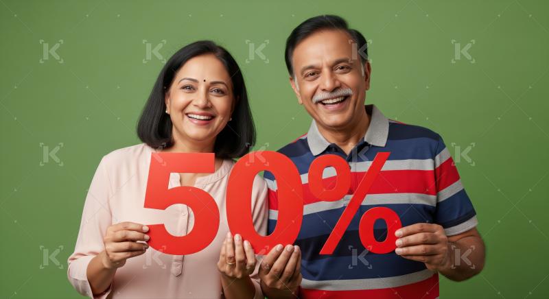A joyful Indian couple smiling, proudly displaying 50 percent.