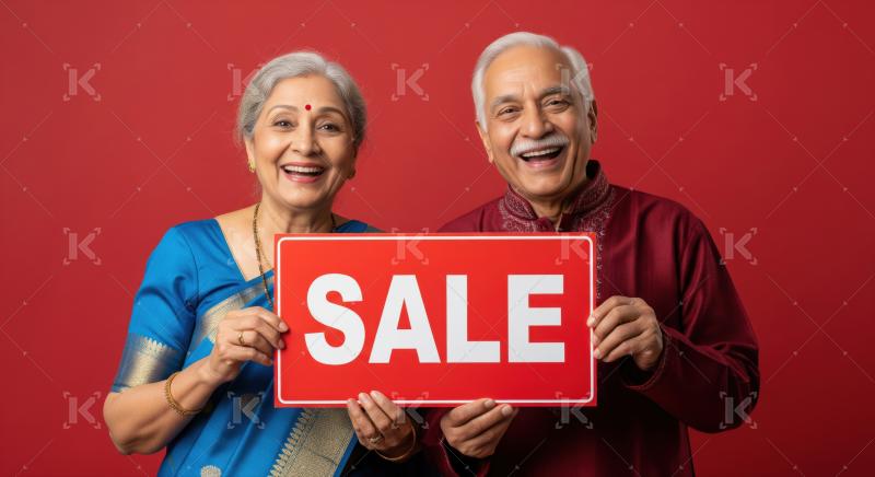 Happy Indian senior couple excitedly holding a red 'SALE' sign.