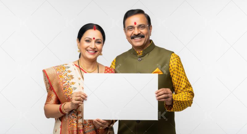 Happy Indian couple smiling, holding blank white promotional board.