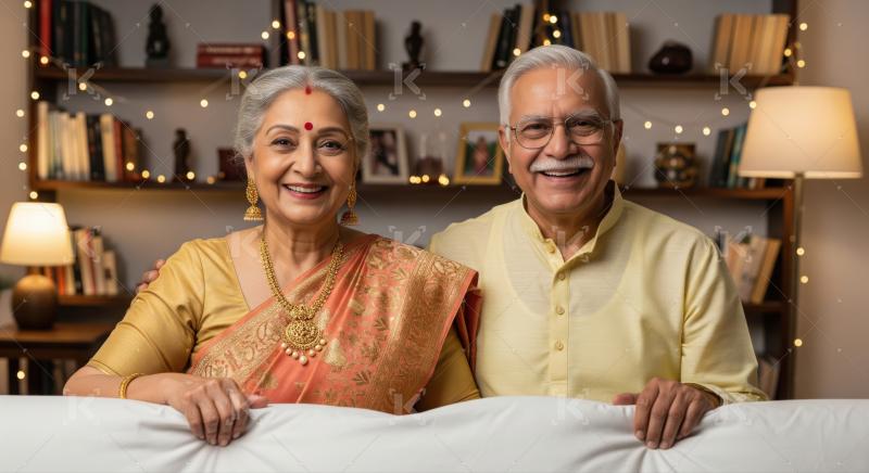 Happy senior Indian couple enjoys festive moments in traditional attire.