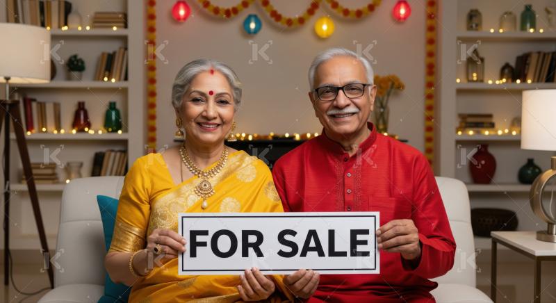 Happy elderly Indian couple proudly holds "FOR SALE" sign.