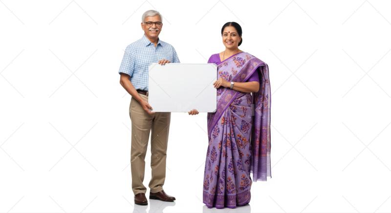 Happy senior Indian couple holding blank whiteboard on white background.