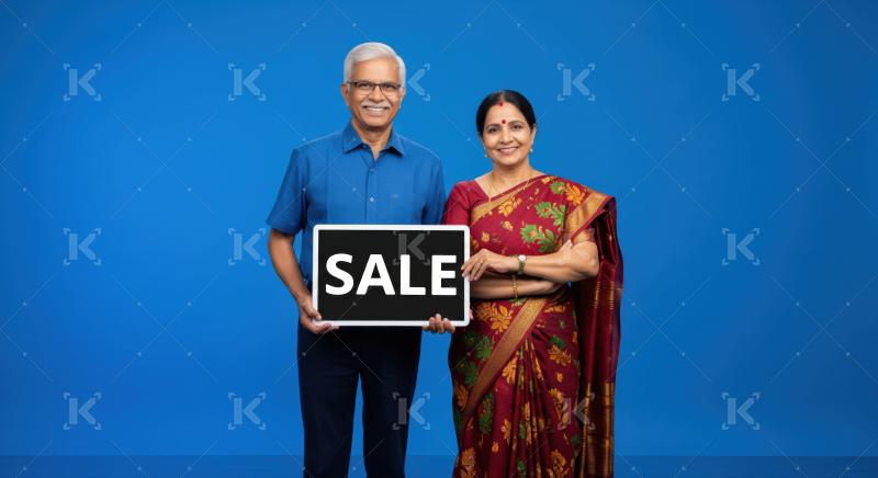 Joyful Indian senior couple promoting a "SALE" event.