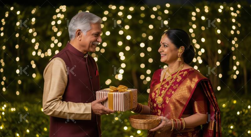 Joyful senior Indian couple celebrating, exchanging gifts with love.