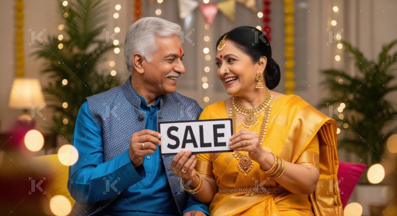 Happy elderly Indian couple shows sale sign with delight.
