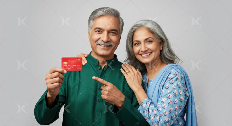 Joyful elderly South Asian couple displays a red credit card.