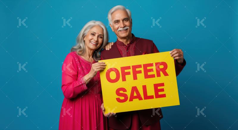 Happy Indian couple promoting a special offer and sale.