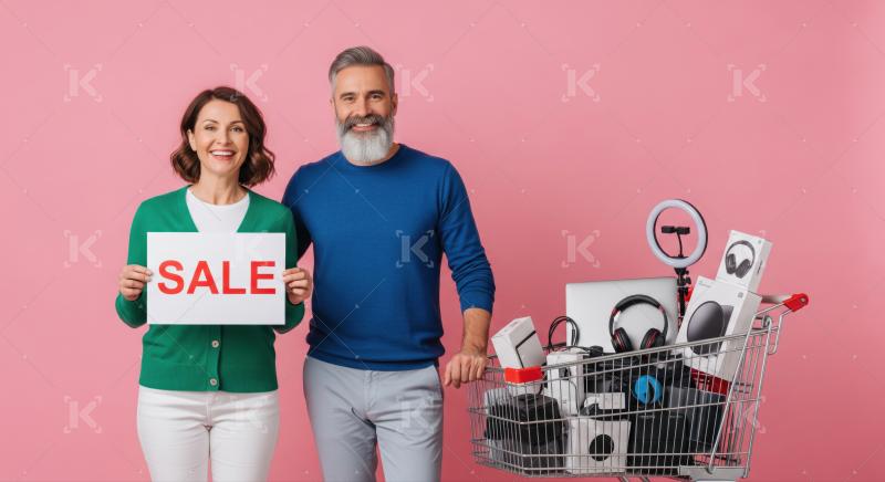 Joyful mature couple holds sale sign with electronics gadgets.