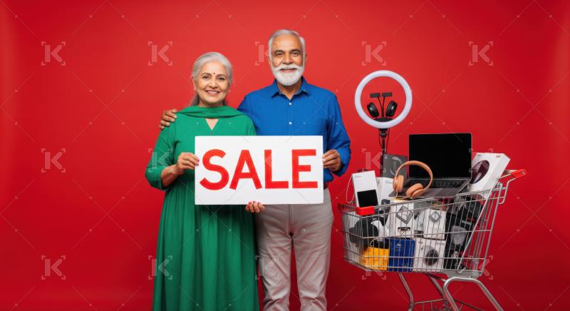 Elderly Indian couple happily promoting a big electronics sale.